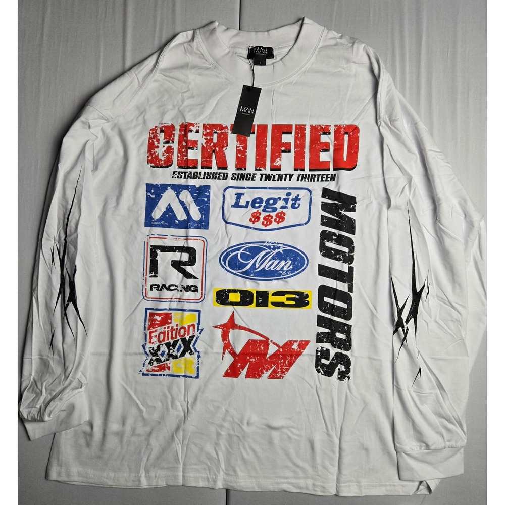 BoohooMAN Mens White Long Sleeve Certified Motors Racing Graphic T-Shirt Size L